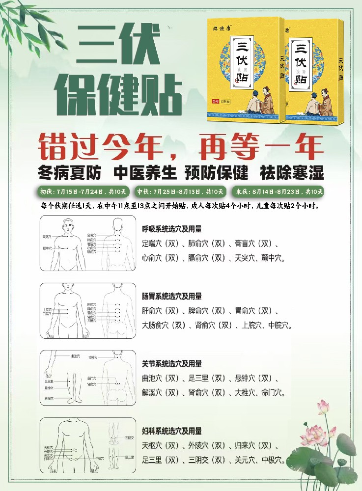 2026年瑞迪康三伏贴贴敷时间表及穴位贴敷图